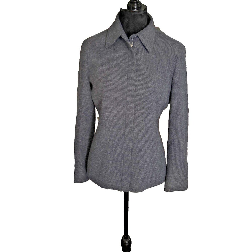 Vintage New York Jones Country Grey Wool Blend Herringbone Zip Blazer Size 8 P